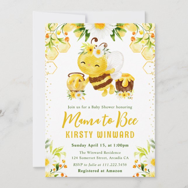 Invitación Dulce Shower de Bebé Abeja de Miel Floral Amarillo (Anverso)