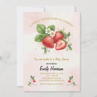 Invitación Dulce shower de bebé de fresa rosa acuarela