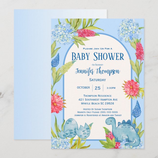 Invitación Dulce Shower de Bebé de Mamá Dino Floral Huevo (Anverso / Reverso)