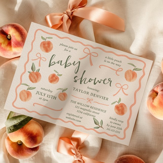 Invitación Dulce Shower de Bebé Melocotón Retro Pintado a Man (Little Peach Retro HandPainted Neutral Baby Shower Invitation)