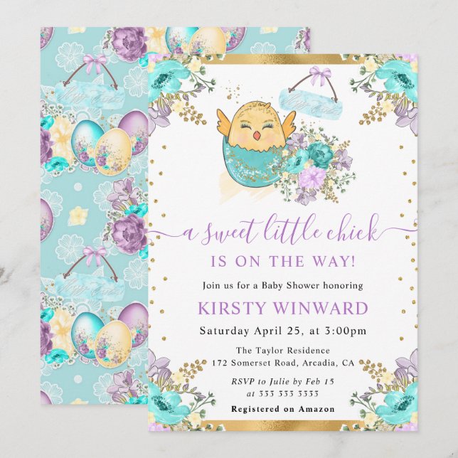 Invitación Dulce Shower para Bebe de Pascua con Pollito Flora (Anverso / Reverso)