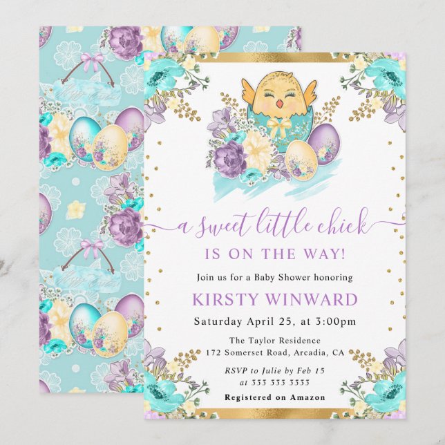 Invitación Dulce Shower para Bebe de Pascua con Pollito Flora (Anverso / Reverso)