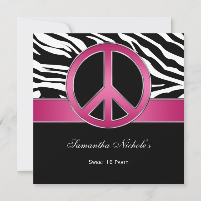 Invitación Dulce signo de paz rosa 16 cebra negra (Anverso)
