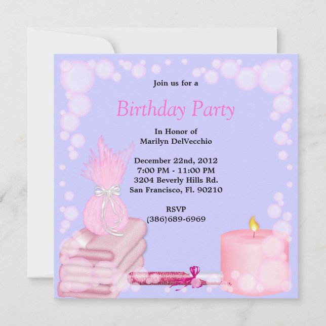 Invitación Dulce spa de baño Masaje y Fiesta de belleza invit (Anverso)