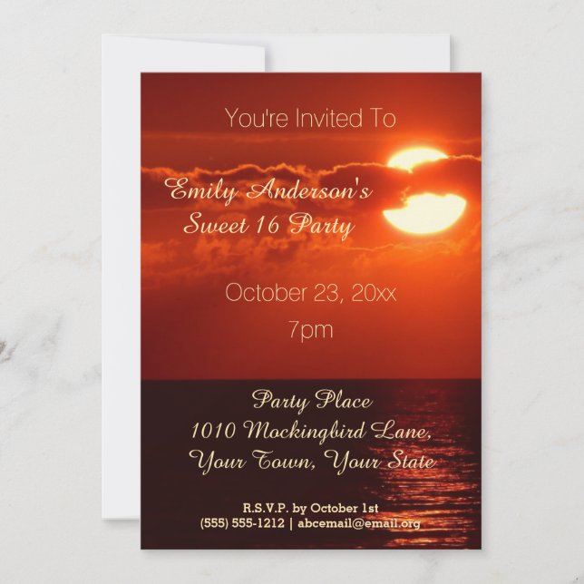 Invitación Dulce tema de la playa de verano del atardecer roj (Anverso)