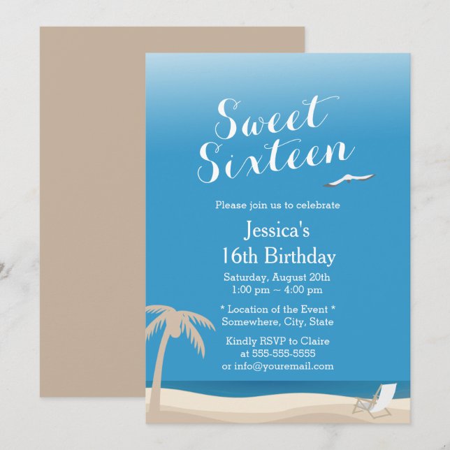 Invitación Dulce tema de la playa del cielo azul tropical 16 (Anverso / Reverso)