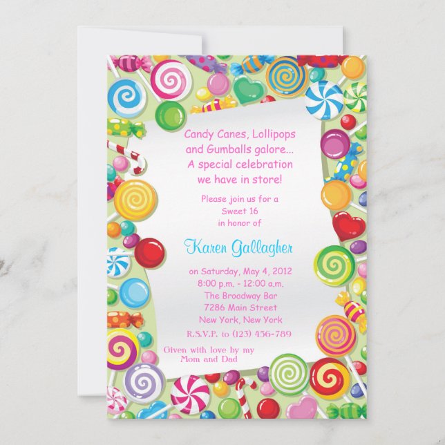 Invitación Dulce tema de los caramelos de Candyland 16 Invite (Anverso)