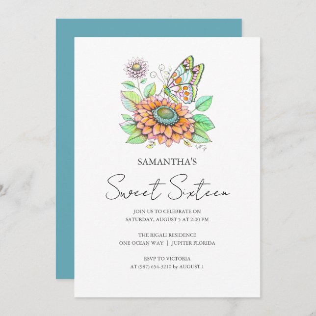 Invitación Dulce tema de mariposa en fiesta de cumpleaños 16 (Anverso / Reverso)