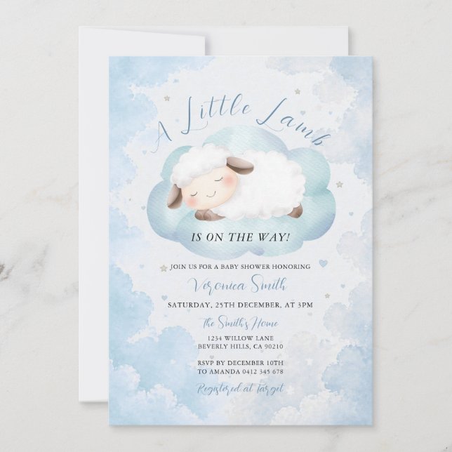 Invitación Dulce tema de nube azul para baby shower de Corder (Anverso)