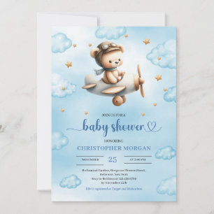 Invitación Dulce tema de oso avión dorado para baby shower de