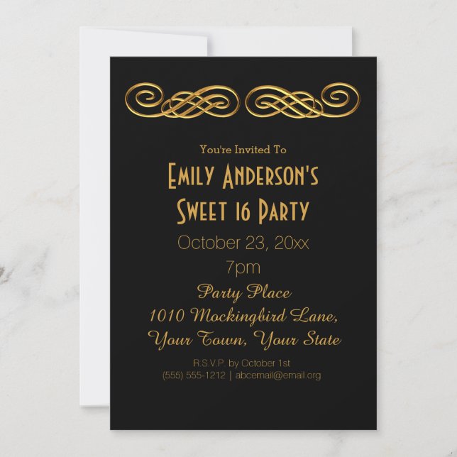 Invitación Dulce tema del glamour del oro negro 16 cumpleaños (Anverso)