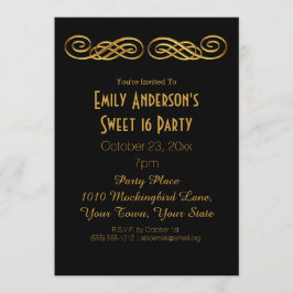 Invitación Dulce tema del glamour del oro negro 16 cumpleaños