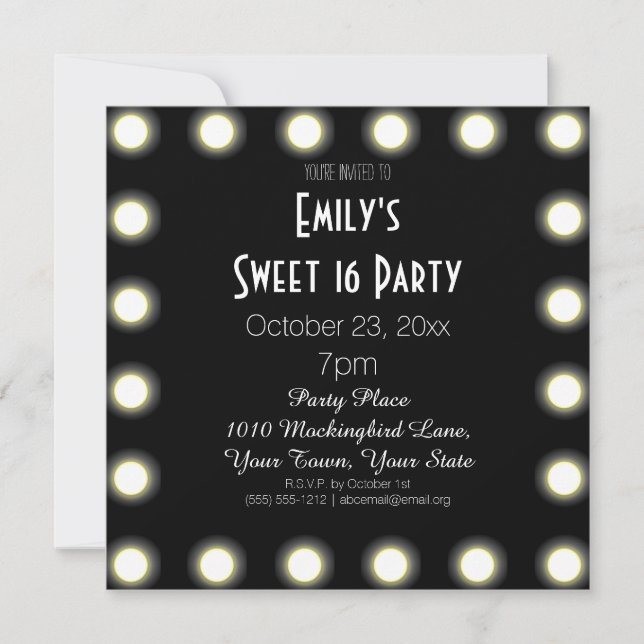 Invitación Dulce tema del Hollywood en blanco y negro 16 cump (Anverso)