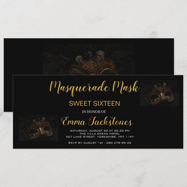 Invitación Dulce tema elegante de mascarada de oro Dieciséis (Anverso / Reverso)