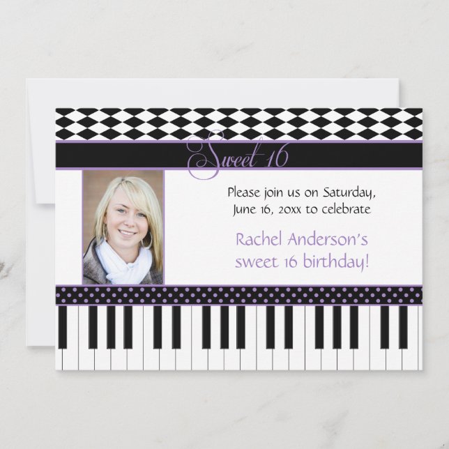 Invitación Dulce tema morado de piano negro 16 cumpleaños (Anverso)