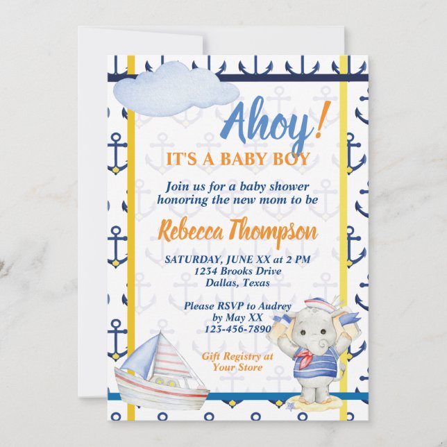 Invitación Dulce tema náutico para baby shower de niño (Anverso)