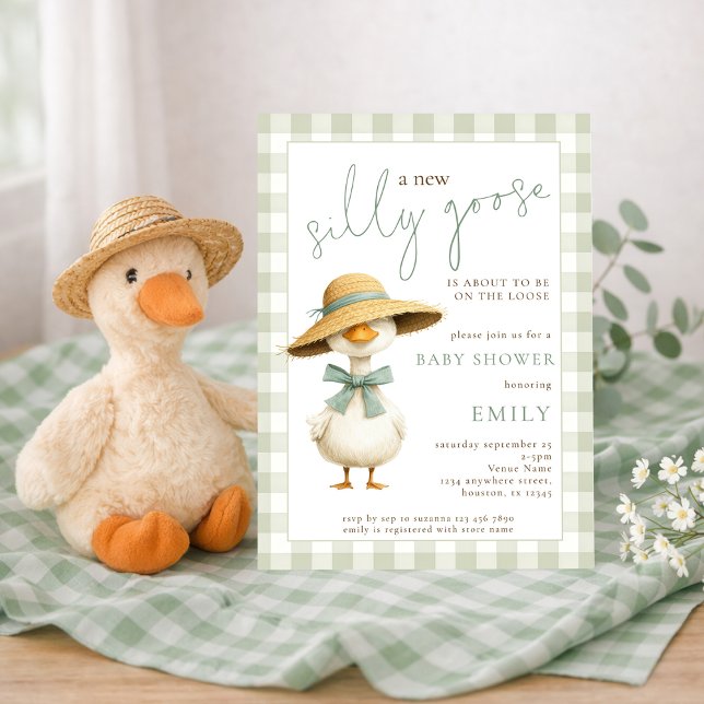 Invitación Dulce tonto ganso sage gingham Baby Shower (Subido por el creador)