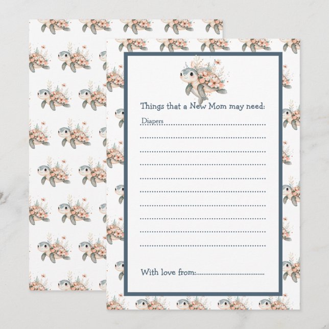 Invitación Dulce tortuga floral Baby Shower (Anverso / Reverso)