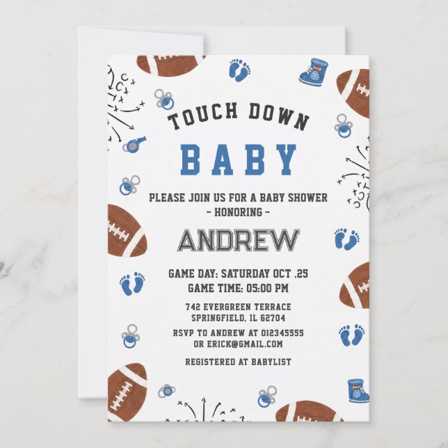 Invitación Dulce Touchdown Fiesta de Bebé de Fútbol Americano (Anverso)