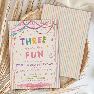 Invitación Dulce Tres Veces Más Diversión Fiesta de Cumpleaño