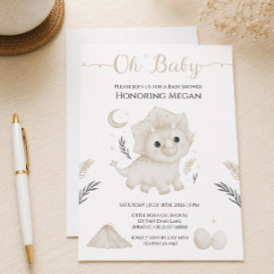 Invitación Dulce Triceratops Neutral Fiesta de Bebé Dinosauri