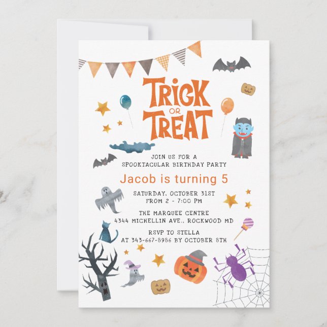 Invitación Dulce truco o trato de Halloween 5º cumpleaños (Anverso)