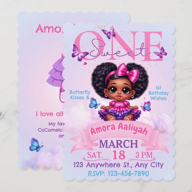 Invitación Dulce un Chica afro-puff primer cumpleaños maripos (Anverso / Reverso)