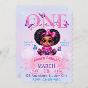 Invitación Dulce un Chica afro-puff primer cumpleaños maripos
