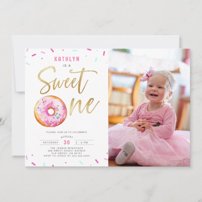 Invitación Dulce un Chica de donut de oro rosado Primer cumpl (Anverso)