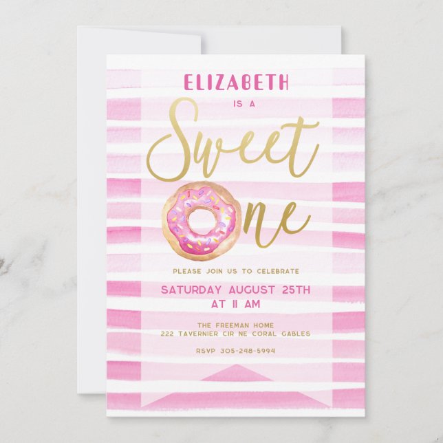Invitación Dulce Un Chica Donut Cumpleaños Estripas Rosadas (Anverso)