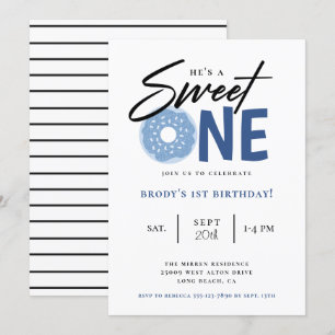 Invitación Dulce un donut azul Primer Fiesta de cumpleaños