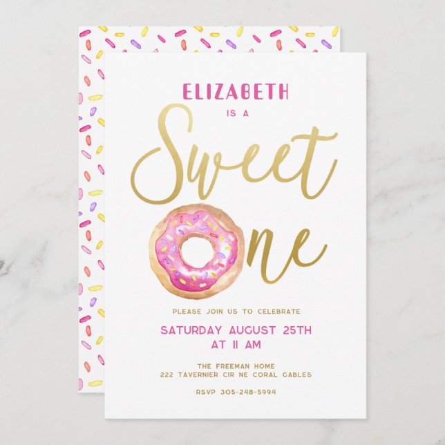 Invitación Dulce un donut Chica aspersor Primer cumpleaños (Anverso / Reverso)