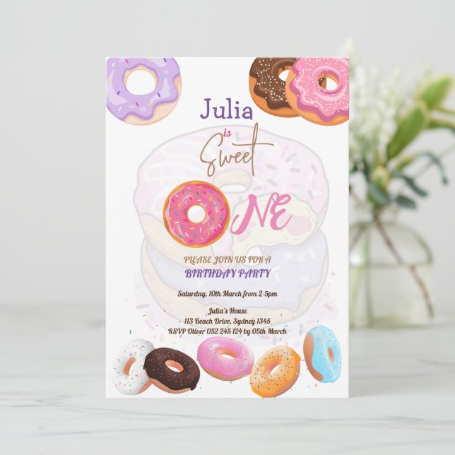 Invitación Dulce un Donut color rosa (Anverso de pie)