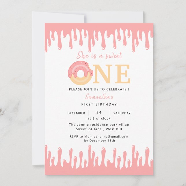 Invitación Dulce un donut rosado Primer cumpleaños (Anverso)