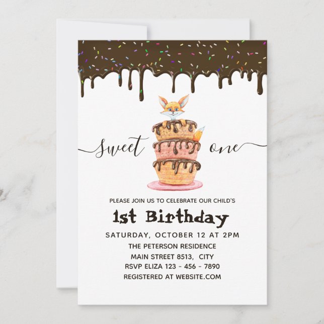 Invitación Dulce un gato y goteo de chocolate 1s Cumpleaños (Anverso)