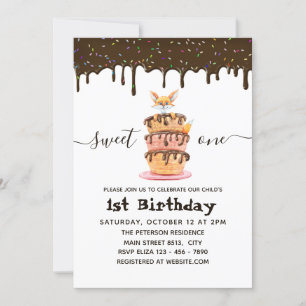 Invitación Dulce un gato y goteo de chocolate 1s Cumpleaños