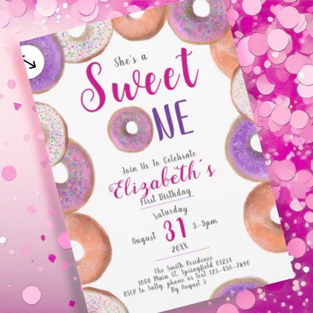 Invitación Dulce un lindo donut Chica rosa primer Fiesta de c (Subido por el creador)