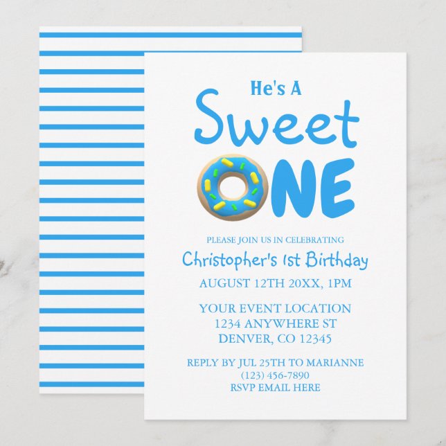 Invitación Dulce un niño de donut azul primer cumpleaños (Anverso / Reverso)
