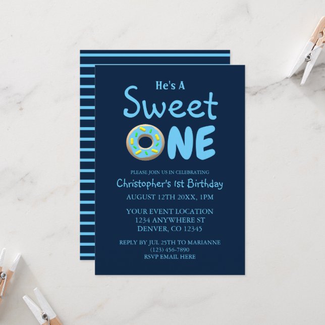 Invitación Dulce un niño de donut azul primer cumpleaños (Anverso/Reverso In Situ)