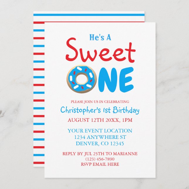 Invitación Dulce un niño de donut azul primer cumpleaños (Anverso / Reverso)