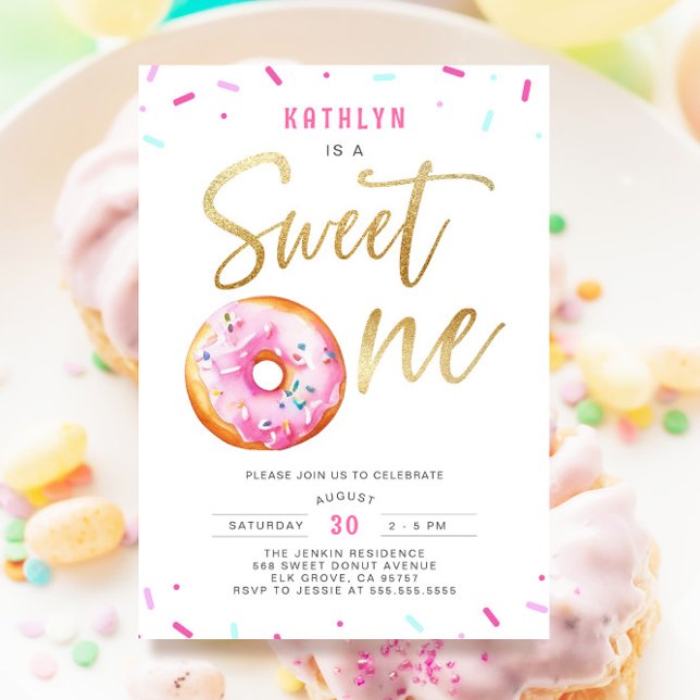 Invitación Dulce Un Oro Rosa Donut Espolvorea Primer Cumpleañ (Subido por el creador)