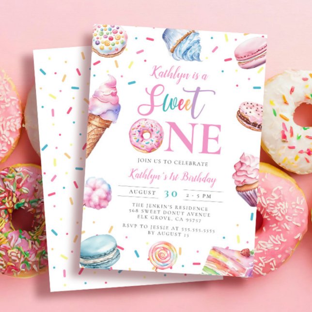Invitación Dulce Un Pastel Rosa Donut Candy Primer Cumpleaños (Subido por el creador)