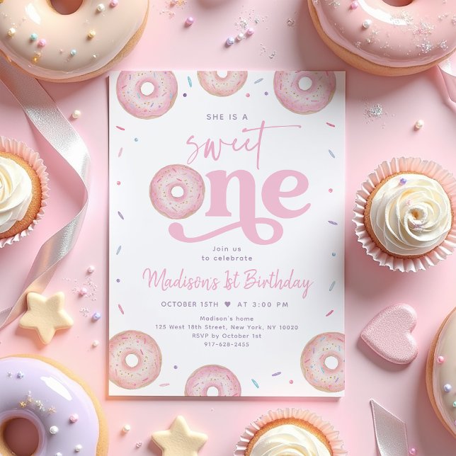 Invitación Dulce Un Pastel Rosa Donut Primer Cumpleaños (Subido por el creador)