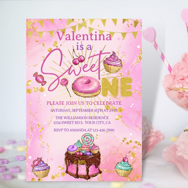Invitación Dulce un primer cumpleaños Purpurina de Faux Rosad (Subido por el creador)