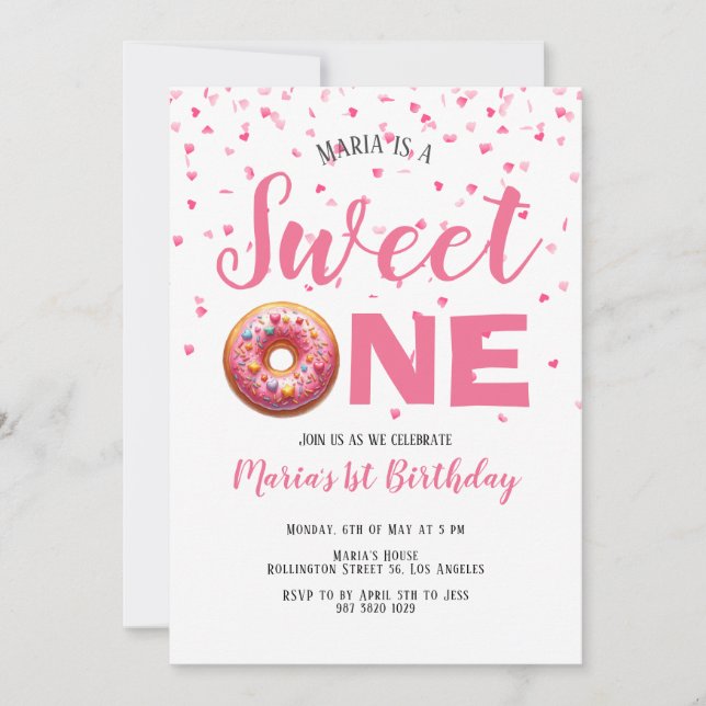 Invitación Dulce Un Rosa Donut Confetti Primer cumpleaños (Anverso)
