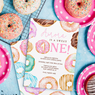 Invitación Dulce Una acuarela lindo donuts 1º cumpleaños