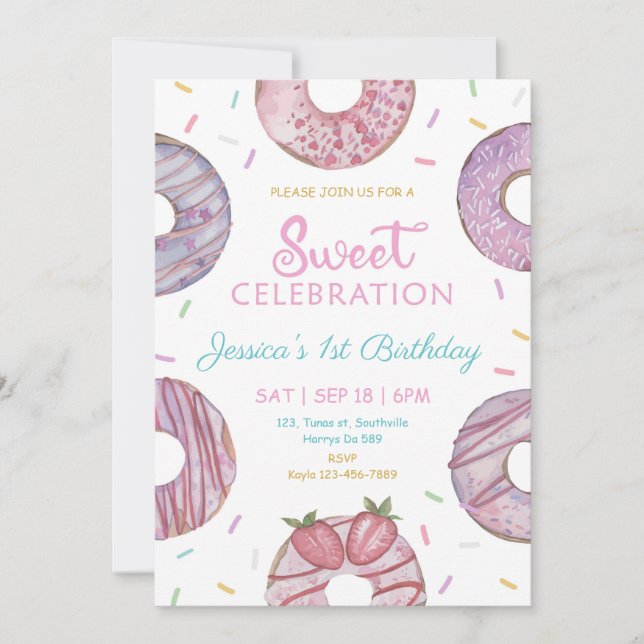 Invitación Dulce Una acuarela lindo donuts 1º cumpleaños (Anverso)
