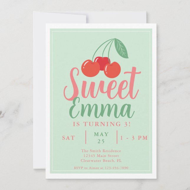 Invitación Dulce una cereza 3 de cumpleaños (Anverso)