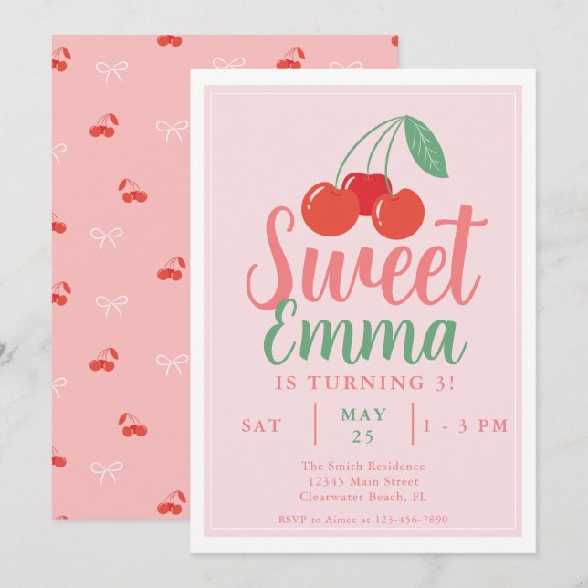 Invitación Dulce una cereza 3 de cumpleaños (Anverso / Reverso)