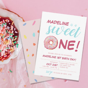 Invitación Dulce Una Cuta Acuarela Donut Primer Cumpleaños